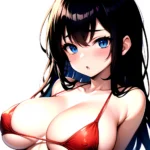 1girl O Absurdres Bikini Red Bikini Black Hair Blue Eyes Breasts Cleavage Collarbone Commentary Request Highres Large Breasts Lo, 2579898272