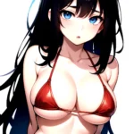 1girl O Absurdres Bikini Red Bikini Black Hair Blue Eyes Breasts Cleavage Collarbone Commentary Request Highres Large Breasts Lo, 2631184380