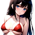 1girl O Absurdres Bikini Red Bikini Black Hair Blue Eyes Breasts Cleavage Collarbone Commentary Request Highres Large Breasts Lo, 3210002120