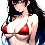 1girl O Absurdres Bikini Red Bikini Black Hair Blue Eyes Breasts Cleavage Collarbone Commentary Request Highres Large Breasts Lo, 3287849175