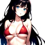 1girl O Absurdres Bikini Red Bikini Black Hair Blue Eyes Breasts Cleavage Collarbone Commentary Request Highres Large Breasts Lo, 3320906714