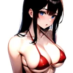 1girl O Absurdres Bikini Red Bikini Black Hair Blue Eyes Breasts Cleavage Collarbone Commentary Request Highres Large Breasts Lo, 3441710704
