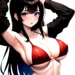 1girl O Absurdres Bikini Red Bikini Black Hair Blue Eyes Breasts Cleavage Collarbone Commentary Request Highres Large Breasts Lo, 3663184376