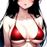 1girl O Absurdres Bikini Red Bikini Black Hair Blue Eyes Breasts Cleavage Collarbone Commentary Request Highres Large Breasts Lo, 3773525107