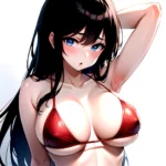 1girl O Absurdres Bikini Red Bikini Black Hair Blue Eyes Breasts Cleavage Collarbone Commentary Request Highres Large Breasts Lo, 3853630692