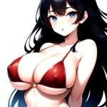 1girl O Absurdres Bikini Red Bikini Black Hair Blue Eyes Breasts Cleavage Collarbone Commentary Request Highres Large Breasts Lo, 4219447693