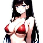 1girl O Absurdres Bikini Red Bikini Black Hair Blue Eyes Breasts Cleavage Collarbone Commentary Request Highres Large Breasts Lo, 4276509948