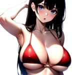 1girl O Absurdres Bikini Red Bikini Black Hair Blue Eyes Breasts Cleavage Collarbone Commentary Request Highres Large Breasts Lo, 545316741