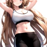 1girl Absurdres Armpits Arms Up Asuna Blue Archive Black Pants Blue Archive Blush Breasts Cleavage Halo Hands In Hair Highres, 3338129107