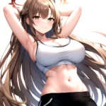 1girl Absurdres Armpits Arms Up Asuna Blue Archive Black Pants Blue Archive Blush Breasts Cleavage Halo Hands In Hair Highres, 492820958