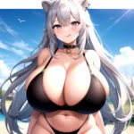 1girl Alternate Breast Size Animal Ears Bare Shoulders Belly Black Choker Blush Breasts Cameltoe Choker Cleavage Cowboy Shot Cur, 2242202262