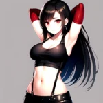 1girl Armpits Arms Behind Head Arms Up Bare Shoulders Black Gloves Black Hair Black Skirt Breasts Closed Mouth Crop Top, 1453315382