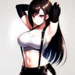 1girl Armpits Arms Behind Head Arms Up Bare Shoulders Black Gloves Black Hair Black Skirt Breasts Closed Mouth Crop Top, 1959743819