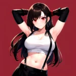 1girl Armpits Arms Behind Head Arms Up Bare Shoulders Black Gloves Black Hair Black Skirt Breasts Closed Mouth Crop Top, 2401191777