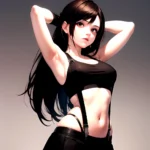 1girl Armpits Arms Behind Head Arms Up Bare Shoulders Black Gloves Black Hair Black Skirt Breasts Closed Mouth Crop Top, 2544093661