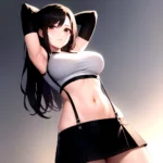 1girl Armpits Arms Behind Head Arms Up Bare Shoulders Black Gloves Black Hair Black Skirt Breasts Closed Mouth Crop Top, 2666204860