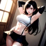 1girl Armpits Arms Behind Head Arms Up Bare Shoulders Black Gloves Black Hair Black Skirt Breasts Closed Mouth Crop Top, 291978151