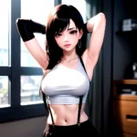1girl Armpits Arms Behind Head Arms Up Bare Shoulders Black Gloves Black Hair Black Skirt Breasts Closed Mouth Crop Top, 3425329932