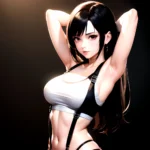 1girl Armpits Arms Behind Head Arms Up Bare Shoulders Black Gloves Black Hair Black Skirt Breasts Closed Mouth Crop Top, 3455014423