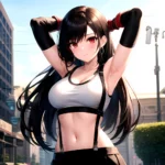 1girl Armpits Arms Behind Head Arms Up Bare Shoulders Black Gloves Black Hair Black Skirt Breasts Closed Mouth Crop Top, 3787726950