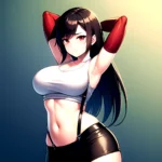1girl Armpits Arms Behind Head Arms Up Bare Shoulders Black Gloves Black Hair Black Skirt Breasts Closed Mouth Crop Top, 3855606490