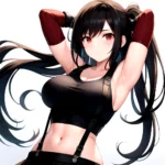 1girl Armpits Arms Behind Head Arms Up Bare Shoulders Black Gloves Black Hair Black Skirt Breasts Closed Mouth Crop Top, 4054778807