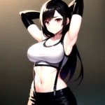1girl Armpits Arms Behind Head Arms Up Bare Shoulders Black Gloves Black Hair Black Skirt Breasts Closed Mouth Crop Top, 405493165