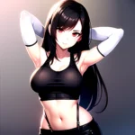 1girl Armpits Arms Behind Head Arms Up Bare Shoulders Black Gloves Black Hair Black Skirt Breasts Closed Mouth Crop Top, 4108075129