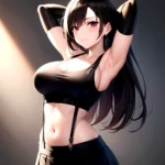1girl Armpits Arms Behind Head Arms Up Bare Shoulders Black Gloves Black Hair Black Skirt Breasts Closed Mouth Crop Top, 664760999