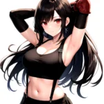 1girl Armpits Arms Behind Head Arms Up Bare Shoulders Black Gloves Black Hair Black Skirt Breasts Closed Mouth Crop Top, 678935600