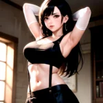 1girl Armpits Arms Behind Head Arms Up Bare Shoulders Black Gloves Black Hair Black Skirt Breasts Closed Mouth Crop Top, 895565624