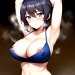 1girl Armpits Arms Behind Head Azumi Girls Und Panzer Blue Eyes Blush Breasts Blue Hair Cleavage Girls Und Panzer Iwanishi, 3630704787