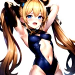 1girl Armpits Arms Behind Head Backlighting Bare Arms Bare Legs Blonde Hair Blue Eyes Blush Breasts Check Commentary Clothing Cu, 2843673643