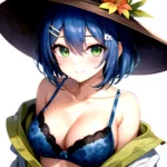 1girl Blush Bob Cut Bra Breasts Cleavage Close Up Closed Mouth Collarbone Commentary Eyelashes Eyes Visible Through Hair Floral, 164981764