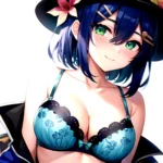 1girl Blush Bob Cut Bra Breasts Cleavage Close Up Closed Mouth Collarbone Commentary Eyelashes Eyes Visible Through Hair Floral, 1796576914
