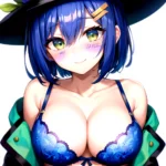 1girl Blush Bob Cut Bra Breasts Cleavage Close Up Closed Mouth Collarbone Commentary Eyelashes Eyes Visible Through Hair Floral, 1902638681