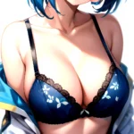1girl Blush Bob Cut Bra Breasts Cleavage Close Up Closed Mouth Collarbone Commentary Eyelashes Eyes Visible Through Hair Floral, 2324420724