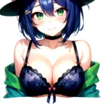 1girl Blush Bob Cut Bra Breasts Cleavage Close Up Closed Mouth Collarbone Commentary Eyelashes Eyes Visible Through Hair Floral, 2622959522