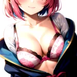 1girl Blush Bob Cut Bra Breasts Cleavage Close Up Closed Mouth Collarbone Commentary Eyelashes Eyes Visible Through Hair Floral, 3004207758