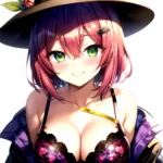 1girl Blush Bob Cut Bra Breasts Cleavage Close Up Closed Mouth Collarbone Commentary Eyelashes Eyes Visible Through Hair Floral, 3651932730