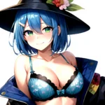 1girl Blush Bob Cut Bra Breasts Cleavage Close Up Closed Mouth Collarbone Commentary Eyelashes Eyes Visible Through Hair Floral, 3890940516