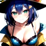 1girl Blush Bob Cut Bra Breasts Cleavage Close Up Closed Mouth Collarbone Commentary Eyelashes Eyes Visible Through Hair Floral, 4177552036