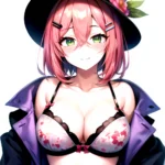 1girl Blush Bob Cut Bra Breasts Cleavage Close Up Closed Mouth Collarbone Commentary Eyelashes Eyes Visible Through Hair Floral, 834604196
