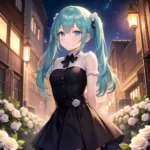 Face Focus Masterpiece Best Quality 1girl White Roses Petals Night Background Fireflies Light Particle Solo Aqua Hair With Twin, 4204735289