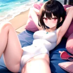 Tutinako Morino Rinze 1girl Black Hair Blush Closed Mouth Competition Swimsuit Covered Navel Heart Jewelry Looking At Self Lying, 1074406290