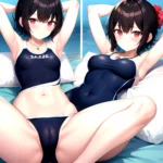 Tutinako Morino Rinze 1girl Black Hair Blush Closed Mouth Competition Swimsuit Covered Navel Heart Jewelry Looking At Self Lying, 2145032716