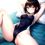 Tutinako Morino Rinze 1girl Black Hair Blush Closed Mouth Competition Swimsuit Covered Navel Heart Jewelry Looking At Self Lying, 2567742061