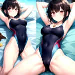 Tutinako Morino Rinze 1girl Black Hair Blush Closed Mouth Competition Swimsuit Covered Navel Heart Jewelry Looking At Self Lying, 2946623749