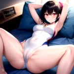 Tutinako Morino Rinze 1girl Black Hair Blush Closed Mouth Competition Swimsuit Covered Navel Heart Jewelry Looking At Self Lying, 342191197