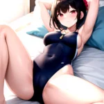 Tutinako Morino Rinze 1girl Black Hair Blush Closed Mouth Competition Swimsuit Covered Navel Heart Jewelry Looking At Self Lying, 640381246